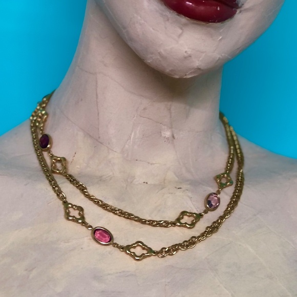 VTG 70s Gold Tone Dbl Curb Fancy Chain 36" Opera Length Necklace/Colored Stones - Picture 8 of 12